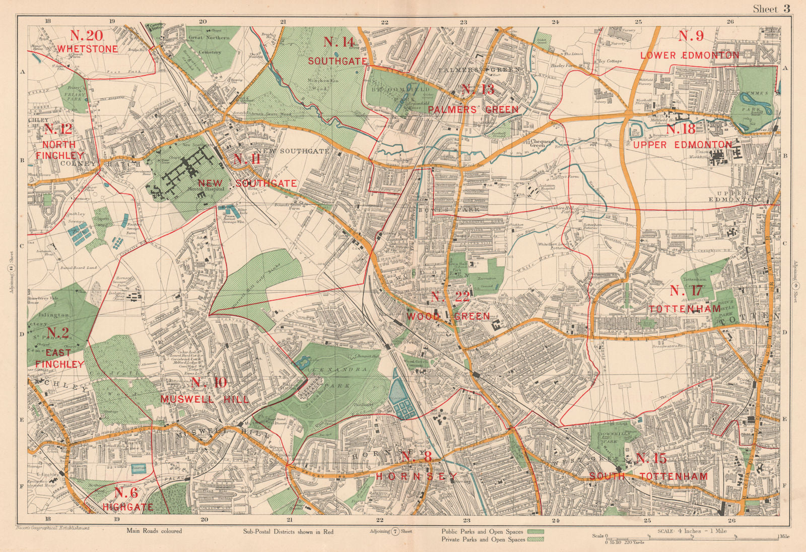 N LONDON Hornsey Edmonton Muswell Hill Southgate Tottenham. BACON 1927 old map